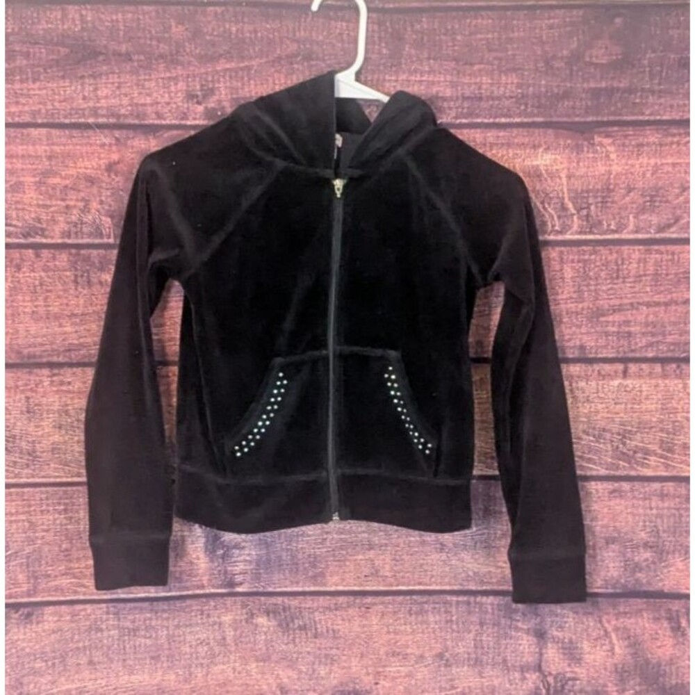 Y2k Style Juicy Couture Girls Black Velour Full Zip‎ Hoodie Size 7/8 Crown Logo